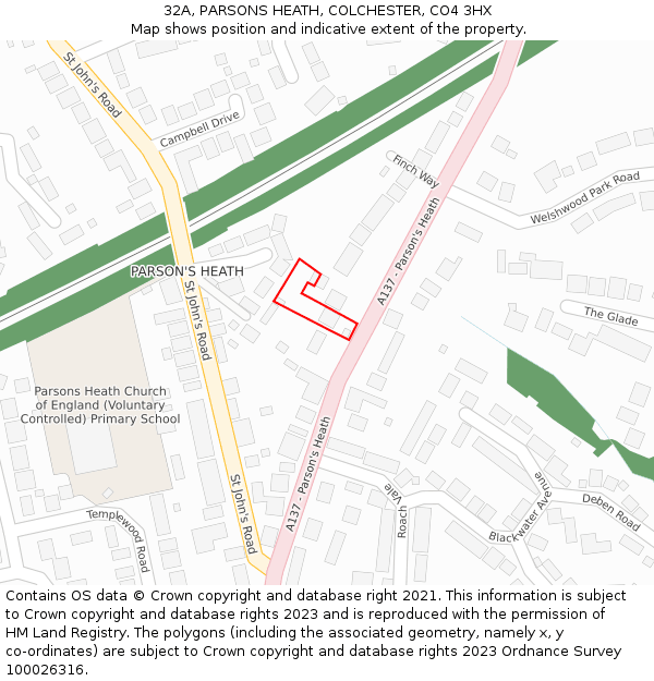 32A, PARSONS HEATH, COLCHESTER, CO4 3HX: Location map and indicative extent of plot