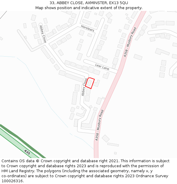 33, ABBEY CLOSE, AXMINSTER, EX13 5QU: Location map and indicative extent of plot