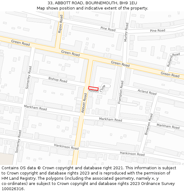 33, ABBOTT ROAD, BOURNEMOUTH, BH9 1EU: Location map and indicative extent of plot