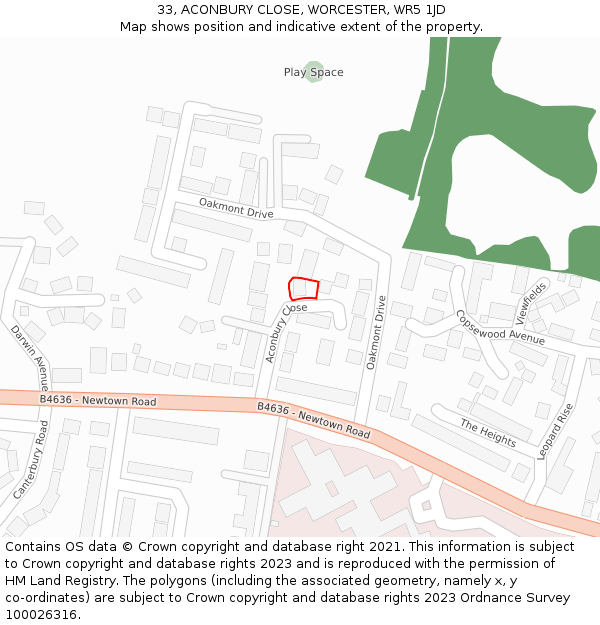33, ACONBURY CLOSE, WORCESTER, WR5 1JD: Location map and indicative extent of plot