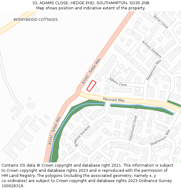 33, ADAMS CLOSE, HEDGE END, SOUTHAMPTON, SO30 2NB: Location map and indicative extent of plot