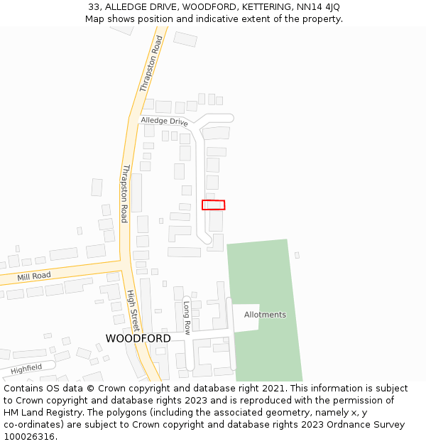 33, ALLEDGE DRIVE, WOODFORD, KETTERING, NN14 4JQ: Location map and indicative extent of plot