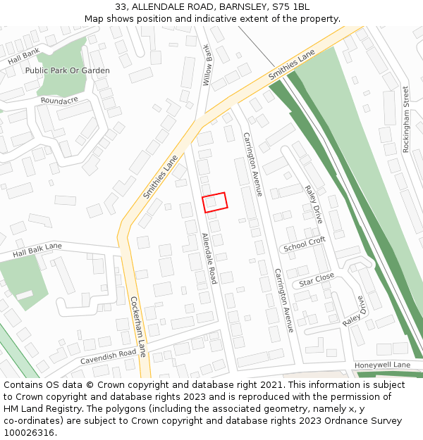 33, ALLENDALE ROAD, BARNSLEY, S75 1BL: Location map and indicative extent of plot