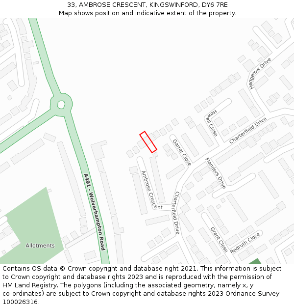 33, AMBROSE CRESCENT, KINGSWINFORD, DY6 7RE: Location map and indicative extent of plot