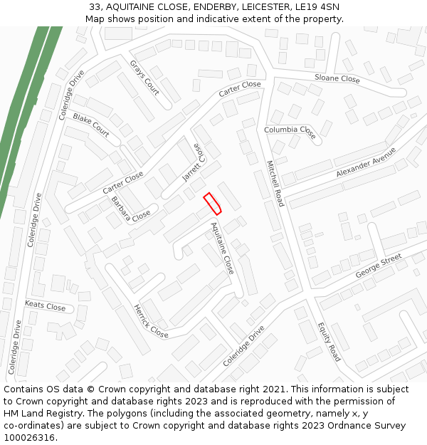 33, AQUITAINE CLOSE, ENDERBY, LEICESTER, LE19 4SN: Location map and indicative extent of plot