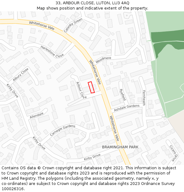 33, ARBOUR CLOSE, LUTON, LU3 4AQ: Location map and indicative extent of plot