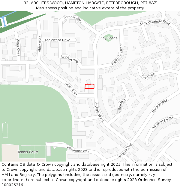 33, ARCHERS WOOD, HAMPTON HARGATE, PETERBOROUGH, PE7 8AZ: Location map and indicative extent of plot