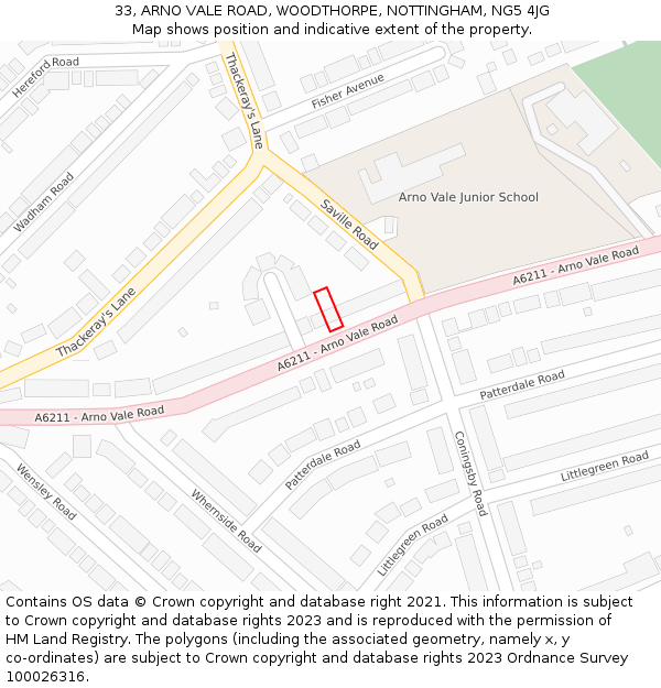 33, ARNO VALE ROAD, WOODTHORPE, NOTTINGHAM, NG5 4JG: Location map and indicative extent of plot