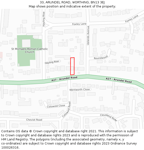 33, ARUNDEL ROAD, WORTHING, BN13 3EJ: Location map and indicative extent of plot