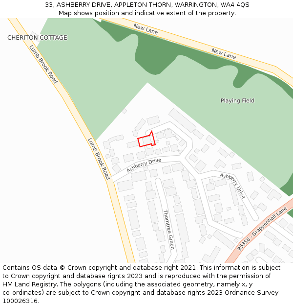 33, ASHBERRY DRIVE, APPLETON THORN, WARRINGTON, WA4 4QS: Location map and indicative extent of plot