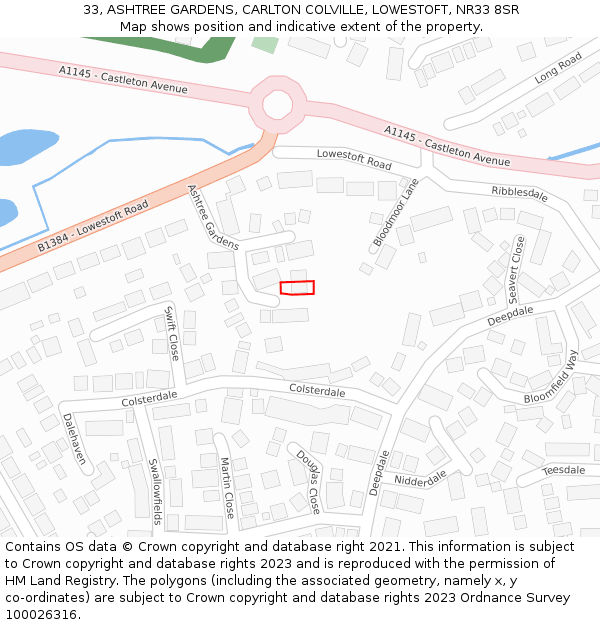 33, ASHTREE GARDENS, CARLTON COLVILLE, LOWESTOFT, NR33 8SR: Location map and indicative extent of plot