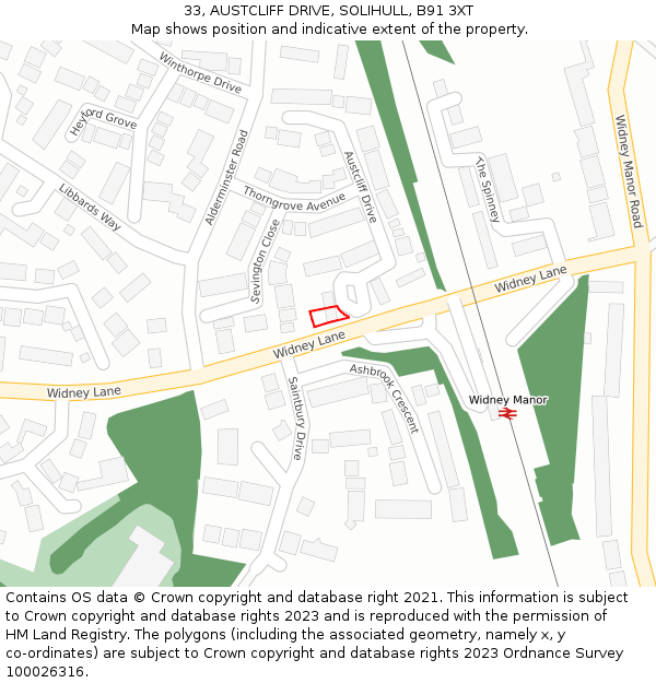 33, AUSTCLIFF DRIVE, SOLIHULL, B91 3XT: Location map and indicative extent of plot