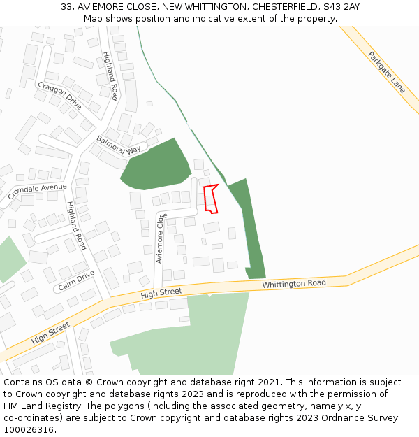 33, AVIEMORE CLOSE, NEW WHITTINGTON, CHESTERFIELD, S43 2AY: Location map and indicative extent of plot