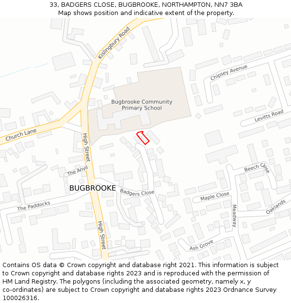 33, BADGERS CLOSE, BUGBROOKE, NORTHAMPTON, NN7 3BA: Location map and indicative extent of plot