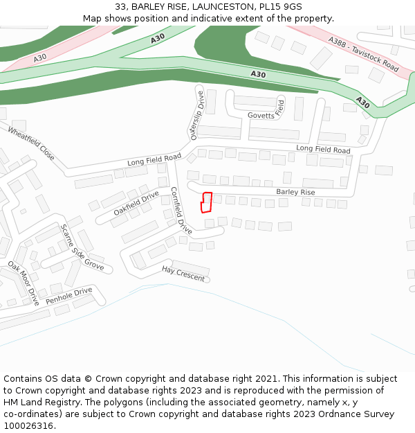 33, BARLEY RISE, LAUNCESTON, PL15 9GS: Location map and indicative extent of plot