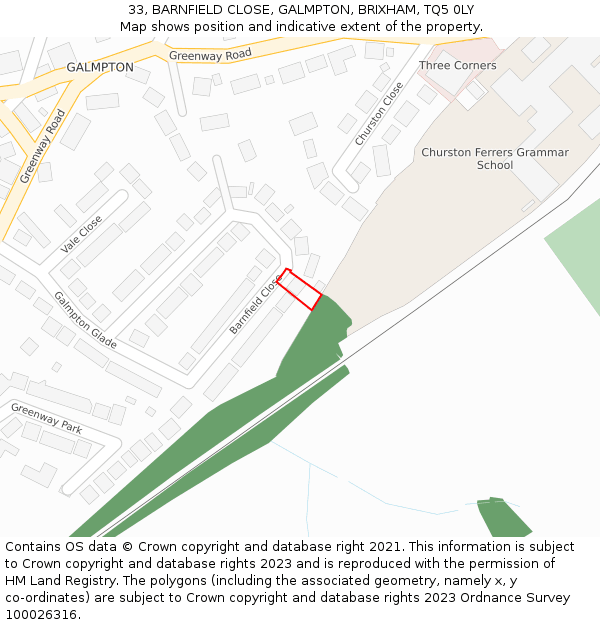 33, BARNFIELD CLOSE, GALMPTON, BRIXHAM, TQ5 0LY: Location map and indicative extent of plot