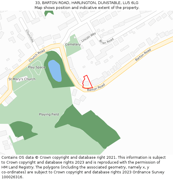 33, BARTON ROAD, HARLINGTON, DUNSTABLE, LU5 6LG: Location map and indicative extent of plot