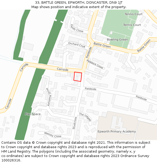 33, BATTLE GREEN, EPWORTH, DONCASTER, DN9 1JT: Location map and indicative extent of plot