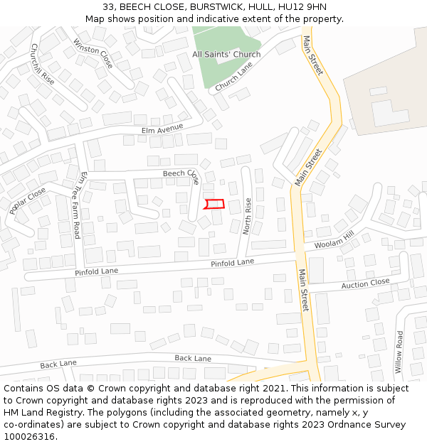 33, BEECH CLOSE, BURSTWICK, HULL, HU12 9HN: Location map and indicative extent of plot