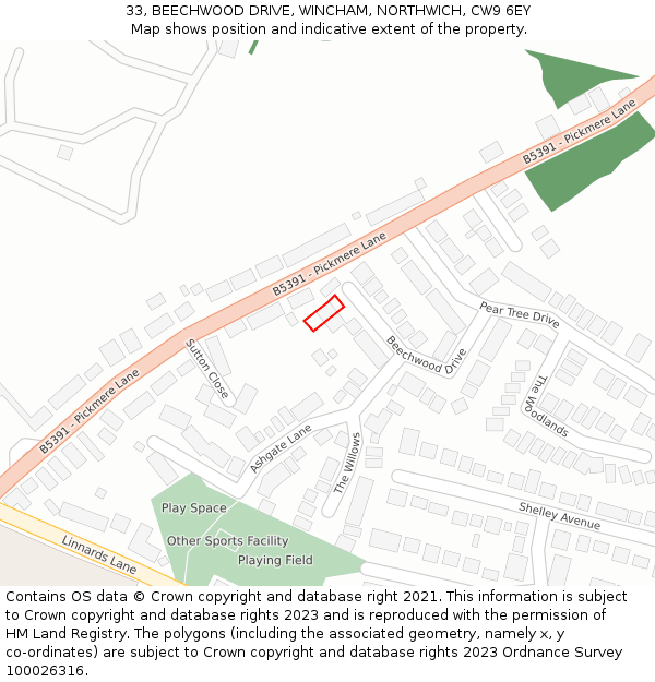 33, BEECHWOOD DRIVE, WINCHAM, NORTHWICH, CW9 6EY: Location map and indicative extent of plot