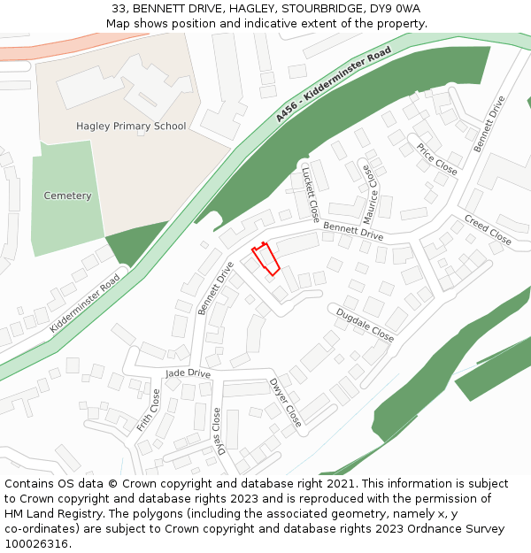 33, BENNETT DRIVE, HAGLEY, STOURBRIDGE, DY9 0WA: Location map and indicative extent of plot