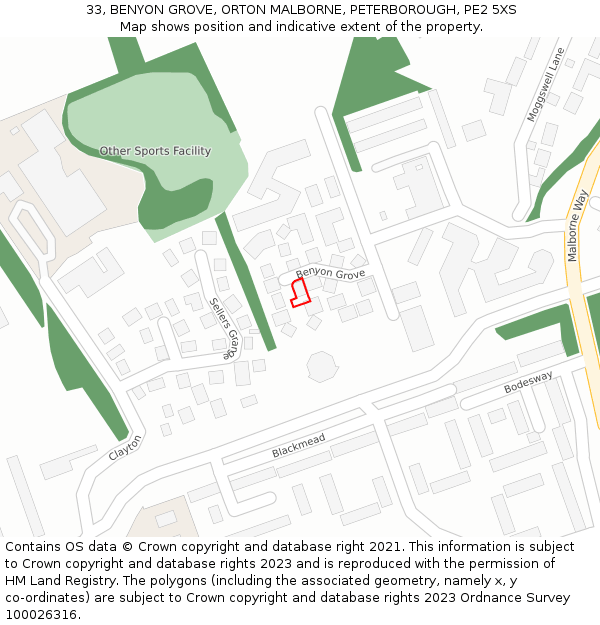 33, BENYON GROVE, ORTON MALBORNE, PETERBOROUGH, PE2 5XS: Location map and indicative extent of plot