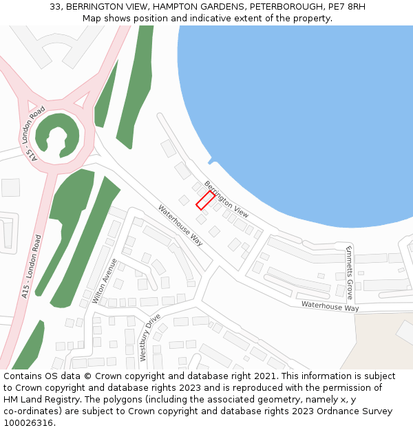 33, BERRINGTON VIEW, HAMPTON GARDENS, PETERBOROUGH, PE7 8RH: Location map and indicative extent of plot
