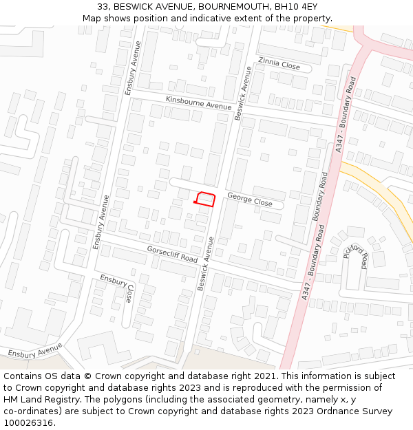 33, BESWICK AVENUE, BOURNEMOUTH, BH10 4EY: Location map and indicative extent of plot