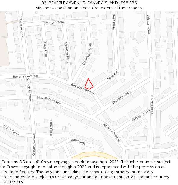 33, BEVERLEY AVENUE, CANVEY ISLAND, SS8 0BS: Location map and indicative extent of plot