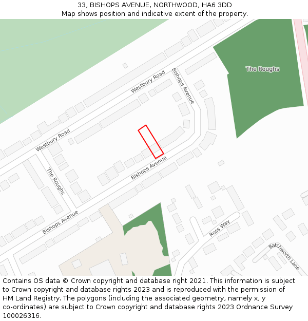 33, BISHOPS AVENUE, NORTHWOOD, HA6 3DD: Location map and indicative extent of plot