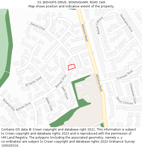 33, BISHOPS DRIVE, WOKINGHAM, RG40 1WA: Location map and indicative extent of plot