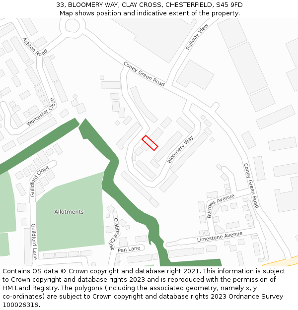 33, BLOOMERY WAY, CLAY CROSS, CHESTERFIELD, S45 9FD: Location map and indicative extent of plot