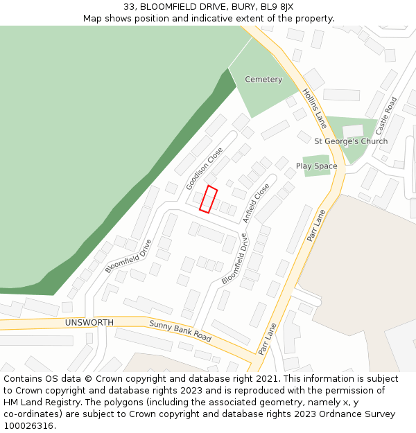 33, BLOOMFIELD DRIVE, BURY, BL9 8JX: Location map and indicative extent of plot