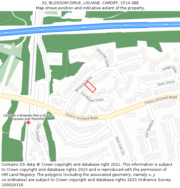 33, BLOSSOM DRIVE, LISVANE, CARDIFF, CF14 0BE: Location map and indicative extent of plot