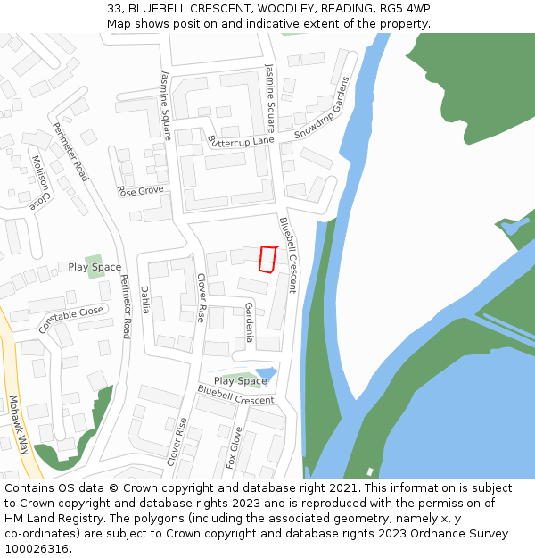 33, BLUEBELL CRESCENT, WOODLEY, READING, RG5 4WP: Location map and indicative extent of plot
