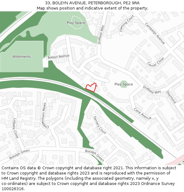 33, BOLEYN AVENUE, PETERBOROUGH, PE2 9RA: Location map and indicative extent of plot