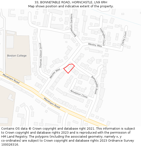 33, BONNETABLE ROAD, HORNCASTLE, LN9 6RH: Location map and indicative extent of plot