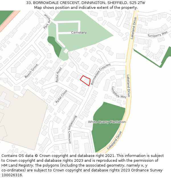 33, BORROWDALE CRESCENT, DINNINGTON, SHEFFIELD, S25 2TW: Location map and indicative extent of plot