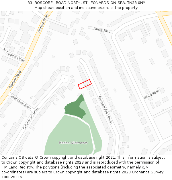 33, BOSCOBEL ROAD NORTH, ST LEONARDS-ON-SEA, TN38 0NY: Location map and indicative extent of plot