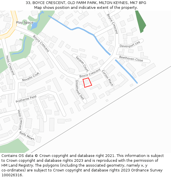 33, BOYCE CRESCENT, OLD FARM PARK, MILTON KEYNES, MK7 8PG: Location map and indicative extent of plot