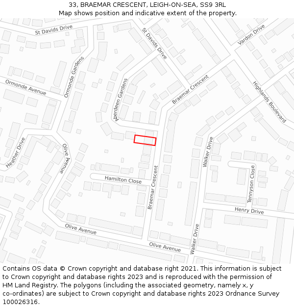 33, BRAEMAR CRESCENT, LEIGH-ON-SEA, SS9 3RL: Location map and indicative extent of plot