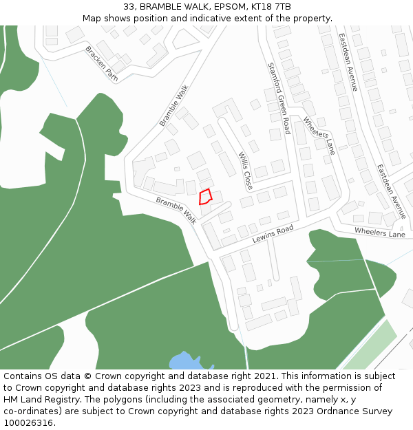 33, BRAMBLE WALK, EPSOM, KT18 7TB: Location map and indicative extent of plot