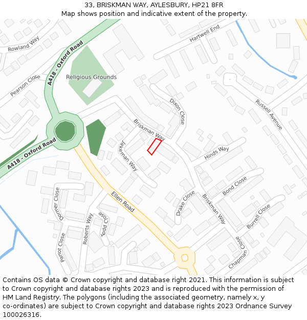 33, BRISKMAN WAY, AYLESBURY, HP21 8FR: Location map and indicative extent of plot