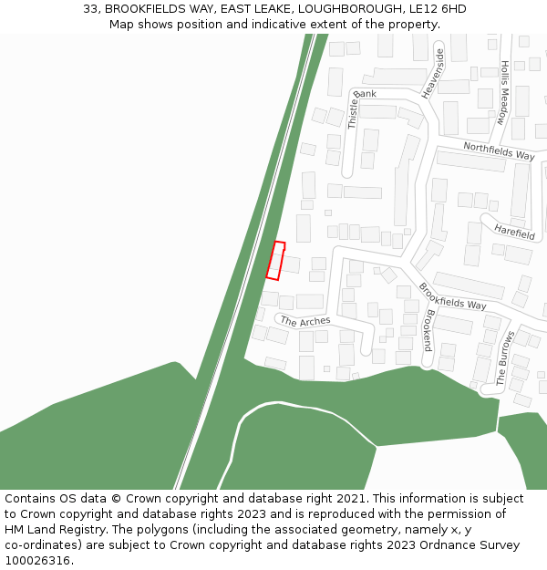 33, BROOKFIELDS WAY, EAST LEAKE, LOUGHBOROUGH, LE12 6HD: Location map and indicative extent of plot