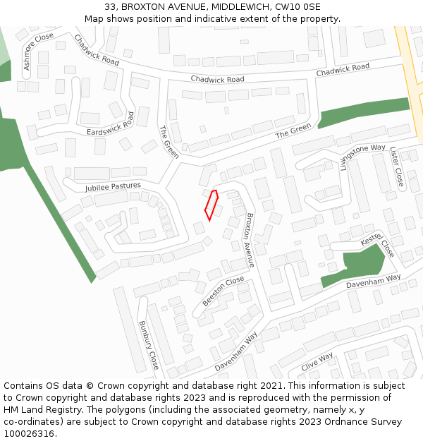 33, BROXTON AVENUE, MIDDLEWICH, CW10 0SE: Location map and indicative extent of plot