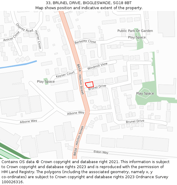 33, BRUNEL DRIVE, BIGGLESWADE, SG18 8BT: Location map and indicative extent of plot