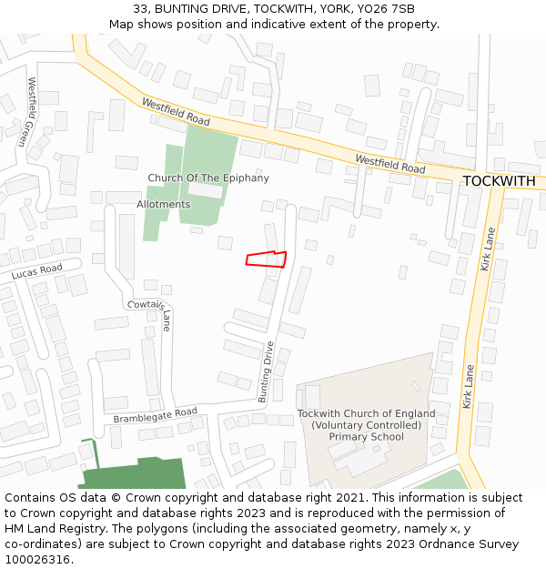 33, BUNTING DRIVE, TOCKWITH, YORK, YO26 7SB: Location map and indicative extent of plot
