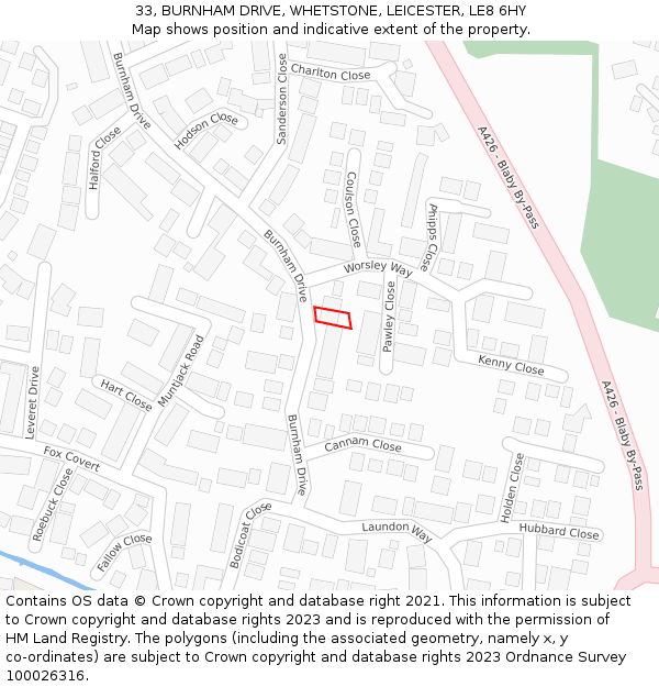 33, BURNHAM DRIVE, WHETSTONE, LEICESTER, LE8 6HY: Location map and indicative extent of plot