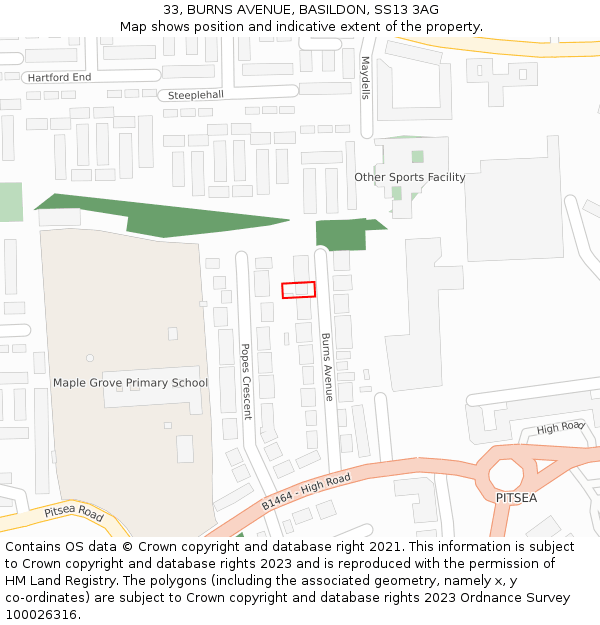 33, BURNS AVENUE, BASILDON, SS13 3AG: Location map and indicative extent of plot