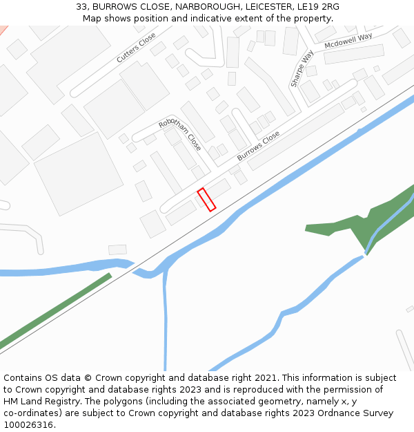 33, BURROWS CLOSE, NARBOROUGH, LEICESTER, LE19 2RG: Location map and indicative extent of plot